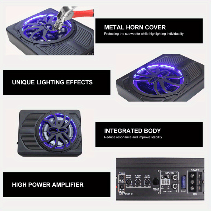 KELUNEGLO 10" 1200W Slim Under-Seat Powered Sub W/ Wiring, Built-in Amp & Blue LED, Halloween Audio, Subwoofer with Built in Amp, Subwoofer Amplificado Para Auto, Under Seat Subwoofer, Subwoofer Car Audio, 10inch Subwoofer