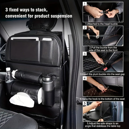 Car Rear Seat Organizer with Foldable Table, Footrest, Cup Holder, Tissue Box & Laptop Base – 2-Piece Premium Back Seat Storage Box Travel Companion