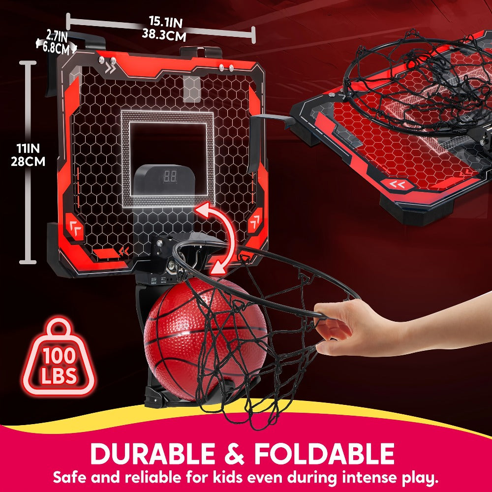 Indoor Basketball Hoop for Kids Over the Door – Light Up LED Scoreboard 4 Balls Air Pump 3 Game Modes 7 Light Shows, Active Sport Toy Gift for Boys Girls Ages 3 to 14 (Red)