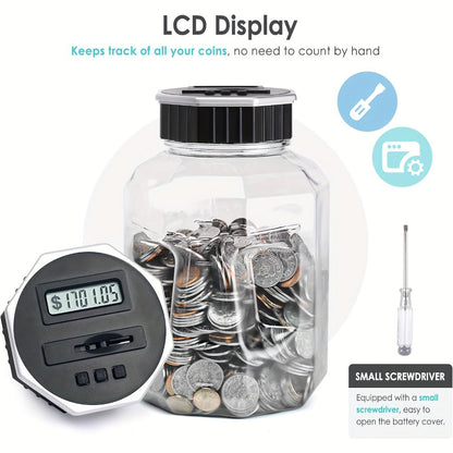 Digital Coin Counting Piggy Bank for Adults – Extra Large 2.4L LCD Counter Jar, Transparent Acrylic Money Saving Bank with Display, Silvery | Toy Play Nest