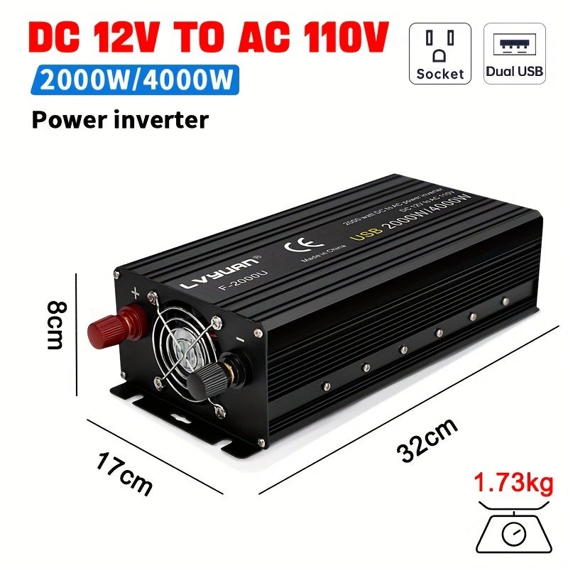 Lvyuan 2000W/4000W Peak/DC 12V to AC 110V/130V Car Power Inverter with LED, 2000W with 2 US Sockets 2 USB Ports for Auto, Vehicle, RV, Outdoor, Home