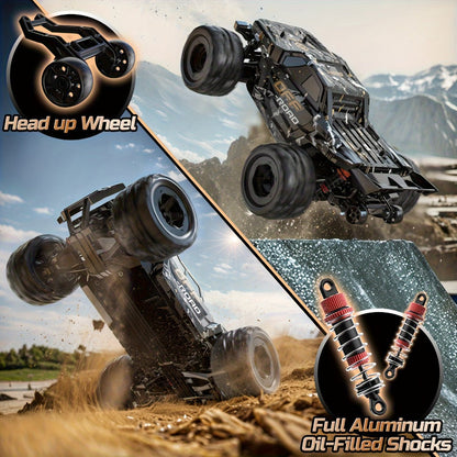 DEERC All-Metal 42KM/H RC Truck 1/16 Scale 4WD Off-Road Monster Truck Dual 1500mAh Batteries 40-Min Runtime LED Headlights Wheelie Bar – High Speed Remote Control Car for Adults Hobbyists Black