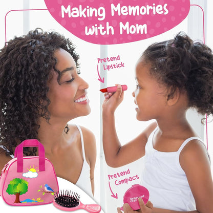 Girls Play Purse Set with Accessories 9pcs – Pretend Makeup, Toy Keys, Fake Phone & Credit Card | Toddler Dress Up Handbag Role Play Toy, Birthday & Christmas Gift for Little Girls Ages 3 4 5 6