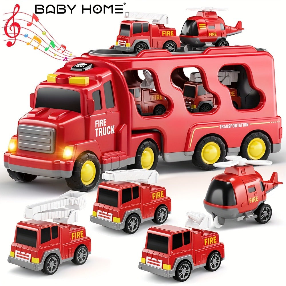 5-in-1 Fire Truck Playset for Kids 3-9, Friction Powered Interchangeable Rescue Vehicles Set with Carrier Truck, Red Plastic Toy Cars for Boys and Girls, Birthday Christmas Gift