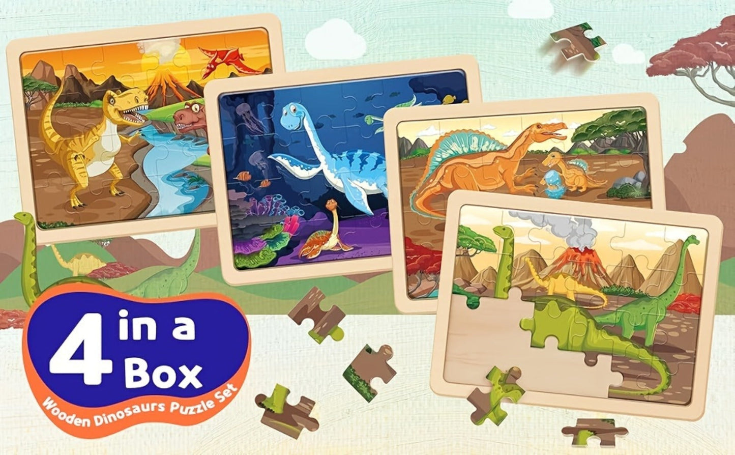 Dinosaur Puzzle Set for Kids Ages 3-8 Wooden 4-in-1 Jigsaw with 24 Pieces Each – Colorful Preschool Educational Toy for Boys & Girls, Fun Birthday Christmas Easter Gift for Toddlers & Children