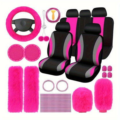 Car Interior Accessories Set for Women 45-Piece – Plush Steering Wheel Cover, Seat Cushion & Pendant, Universal Fit All Seasons, Available in Red, Black, Blue, Pink, Purple & More