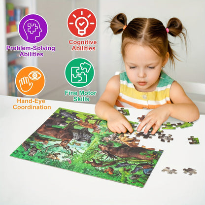 Double Sided Puzzle for Kids 100 Pieces Jungle Animals – 2-in-1 Jigsaw Educational Toy for Boys & Girls Ages 3 4 5 6 7 8, Fun Learning Activity, Birthday Christmas Thanksgiving Easter Gift