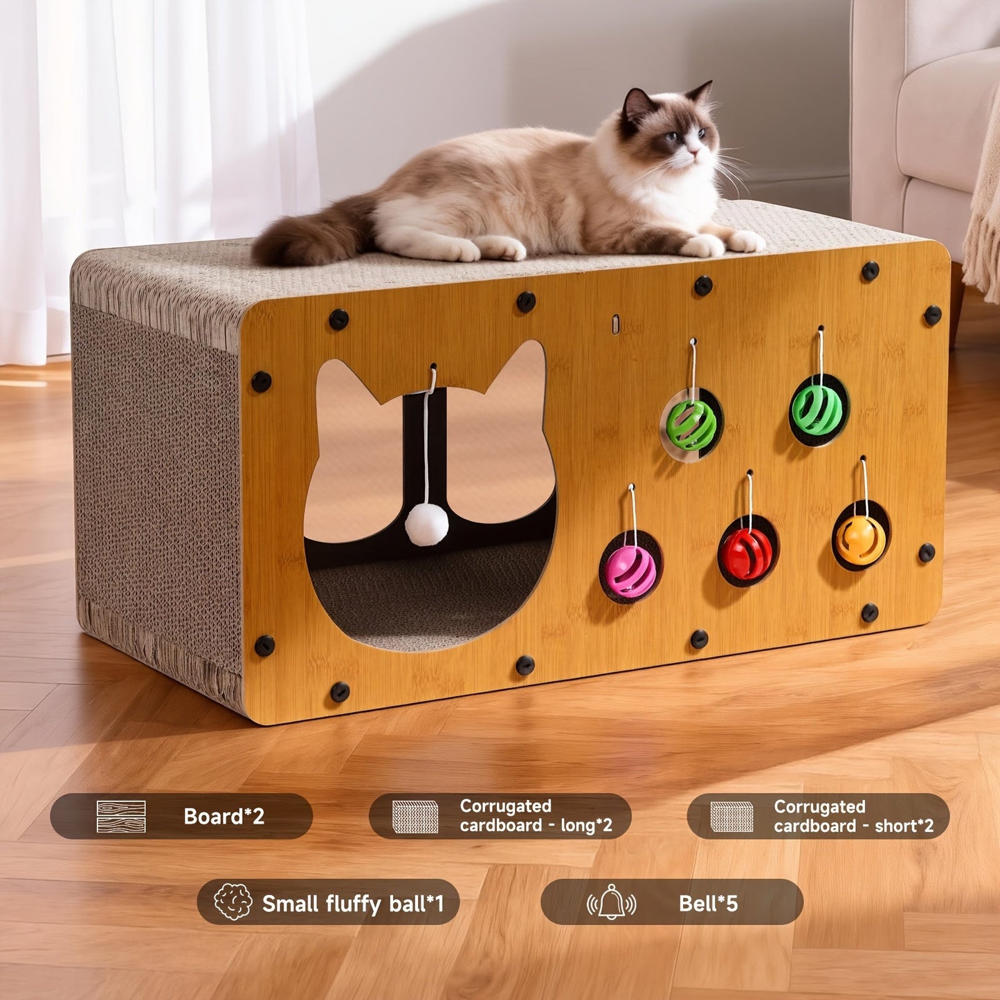 Cat Scratching Board with Interactive Rolling Ball – Multifunctional Cat Furniture for Scratching Playing & Resting, Sturdy Breathable Design, Perfect Cat Toy Gift for Indoor Cats