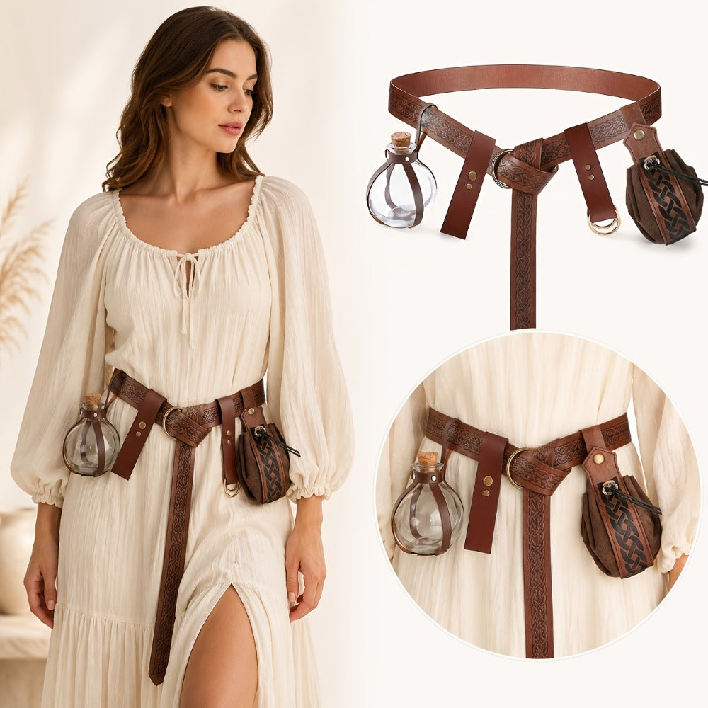 Medieval Belt Set 5pcs Viking Renaissance Faux Leather Harness with Potion Bottle Bag – LARP Halloween Cosplay Renaissance Fair Themed Party Role Play Costume Accessory, Black & Brown