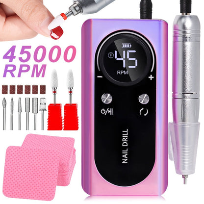 Low Noise Nail Drill Cordless 45000RPM Adjustable Speed with Power Display Portable Nail File Grinder for Gel Acrylic Nails Manicure Pedicure Home Salon Use Pink White Purple
