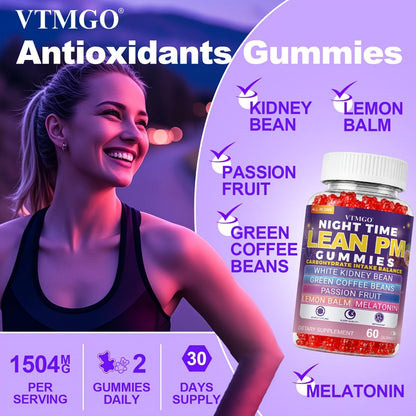 Sleep Gummies with Melatonin, Lemon Balm & Passionflower — Night Time Lean PM Formula | White Kidney Bean, Green Coffee | Relaxation, Restful Sleep & Nighttime Wellness | 60 Gummies