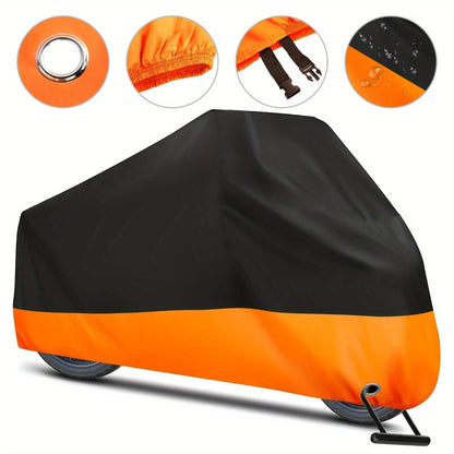 Motorcycle Cover Waterproof UV Protection 190T – 3XL Heavy-Duty Tear-Resistant Polyester with Lock Holes for Outdoor Storage, All-Weather Motorcycle Protection, Black & Orange