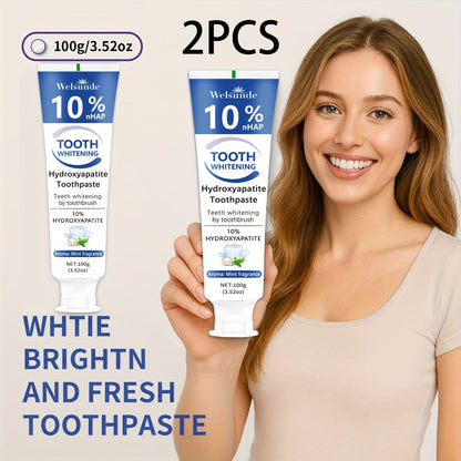 Nano Hydroxyapatite Toothpaste 2-Pack 10% HAp European Formula — Remineralizes Enamel, Deep Cleans & Whitens, Fluoride-Free, Gentle on Gums, Minty Fresh Breath, 100g/3.52oz Each