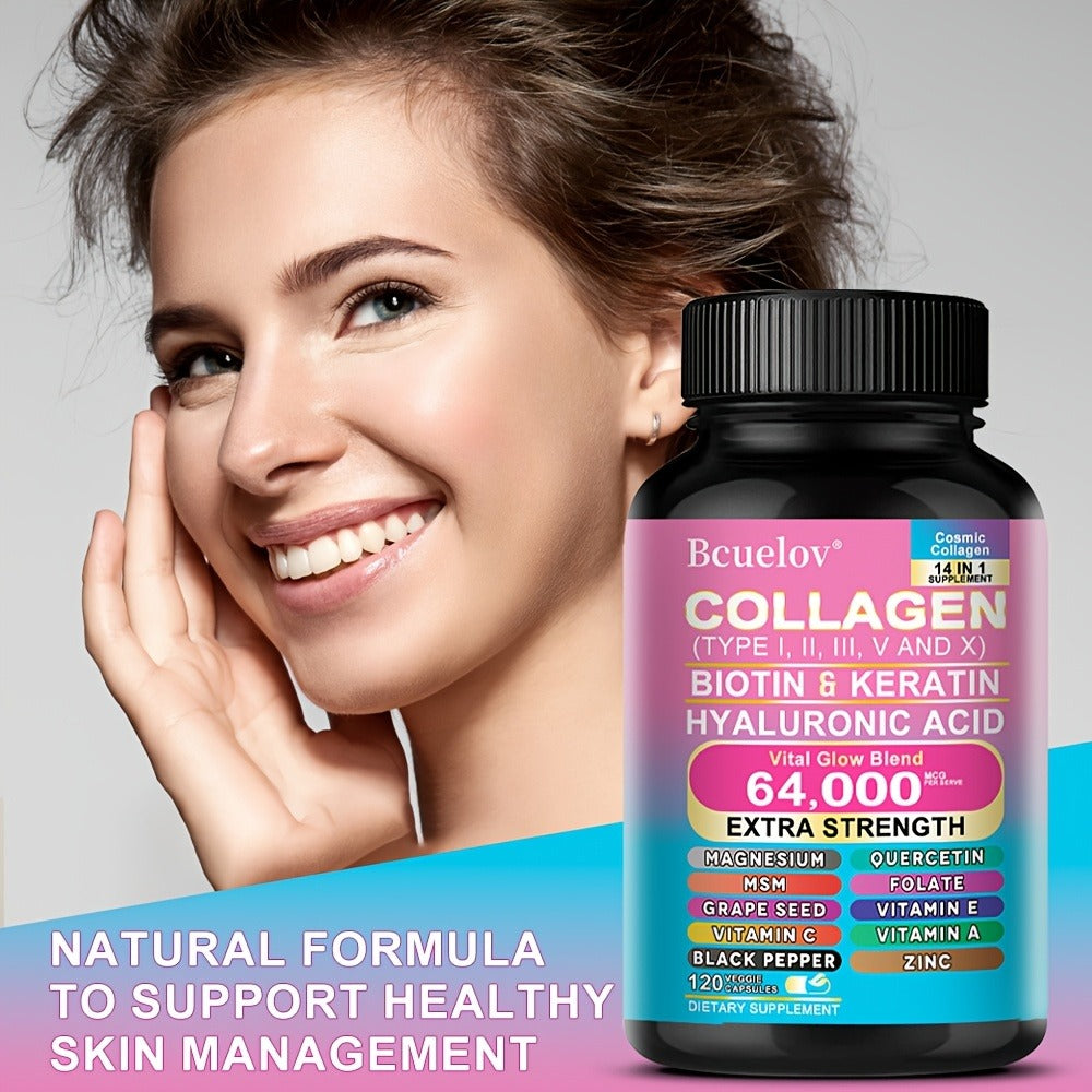 Collagen Capsules Types I II III V X with Biotin Keratin Hyaluronic Acid — Supports Skin Elasticity Hair Growth & Nail Strength | Anti-Aging Beauty Supplement | 120 Capsules