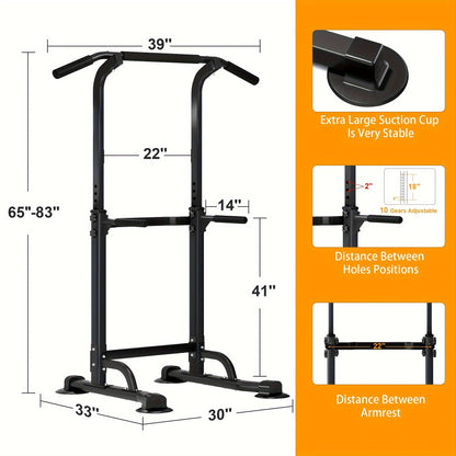 Power Tower Dip Station Pull Up Bar for Home Gym – 330lb Capacity, 10 Height Levels 65"-83", 6 Exercise Positions, H-Base with Suction Cups – Full Body Strength Training Equipment
