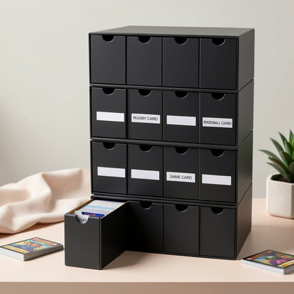 8000 Card Storage Box 4-Row Cardboard Organizer with Dividers & Label Stickers – Large Trading Card Box for TCG MTG Pokemon Sports Cards | Black 4-Row Card Storage