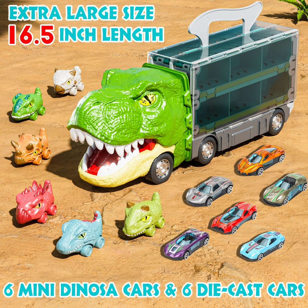 Dinosaur Truck Toys 13-in-1 Transport Carrier with 63-Inch Foldable Race Track | 6 Dino Cars + 6 Die-Cast Cars | 2-Player Racing Mode | Kids Birthday Christmas Gift
