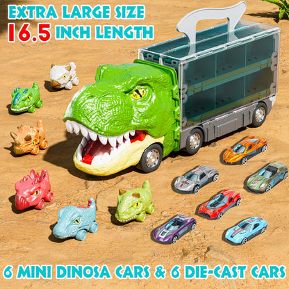 Dinosaur Truck Toys 13-in-1 Transport Carrier with 63-Inch Foldable Race Track | 6 Dino Cars + 6 Die-Cast Cars | 2-Player Racing Mode | Kids Birthday Christmas Gift