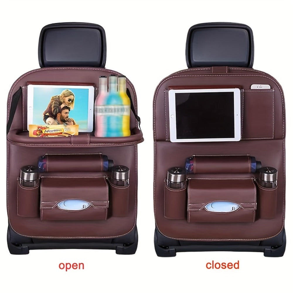 All-in-One Back Seat Organizer with Foldable Table Tray, Kick Mats, Cup Holder, Tissue Box, Umbrella Holder & Laptop Tray - 2-Piece Set, Car Seat Protector & Travel Organizer, 4 Colors
