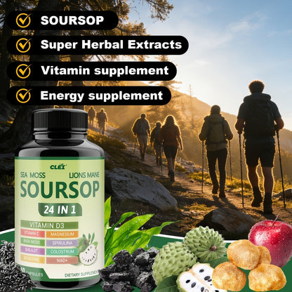 Soursop Graviola Capsules 24-in-1 Formula 60 Count – Lab Tested Gut Health Digestion Antioxidant Immune Support Daily Wellness Supplement for Men & Women