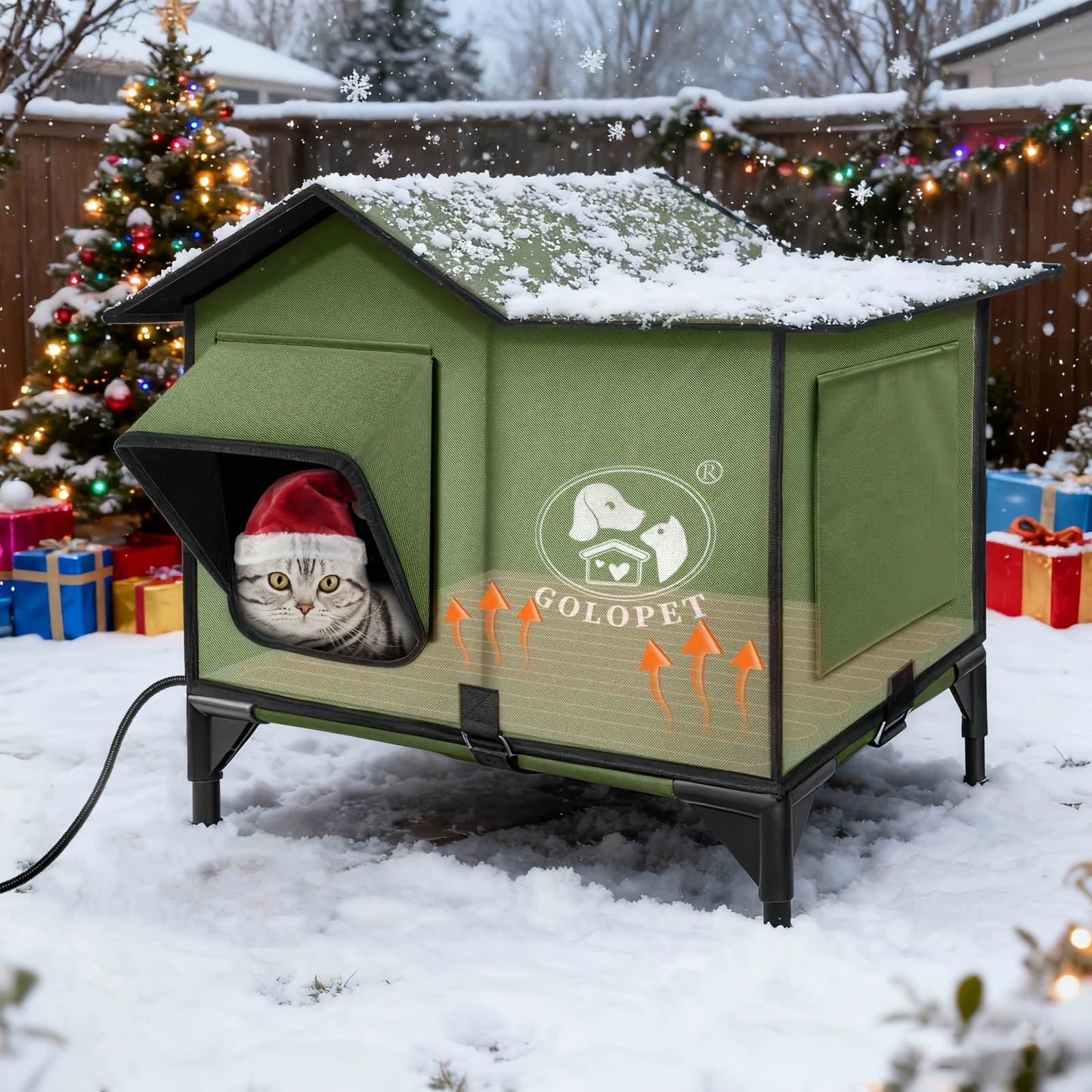 Elevated Cat House & Dog Bed with Detachable Heating Pad - Raised Outdoor Indoor Pet Bed for Cats Small Dogs, Durable Weatherproof Pet House with Removable Warm Pad, Multiple Sizes Available