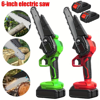 Cordless Mini Chainsaw 6 Inch with 2 Batteries & Charger | Auto Chain Tensioning Auto Lubrication Handheld Electric Saw | Branch Yard Home Garden Cutting Father's Day Gift