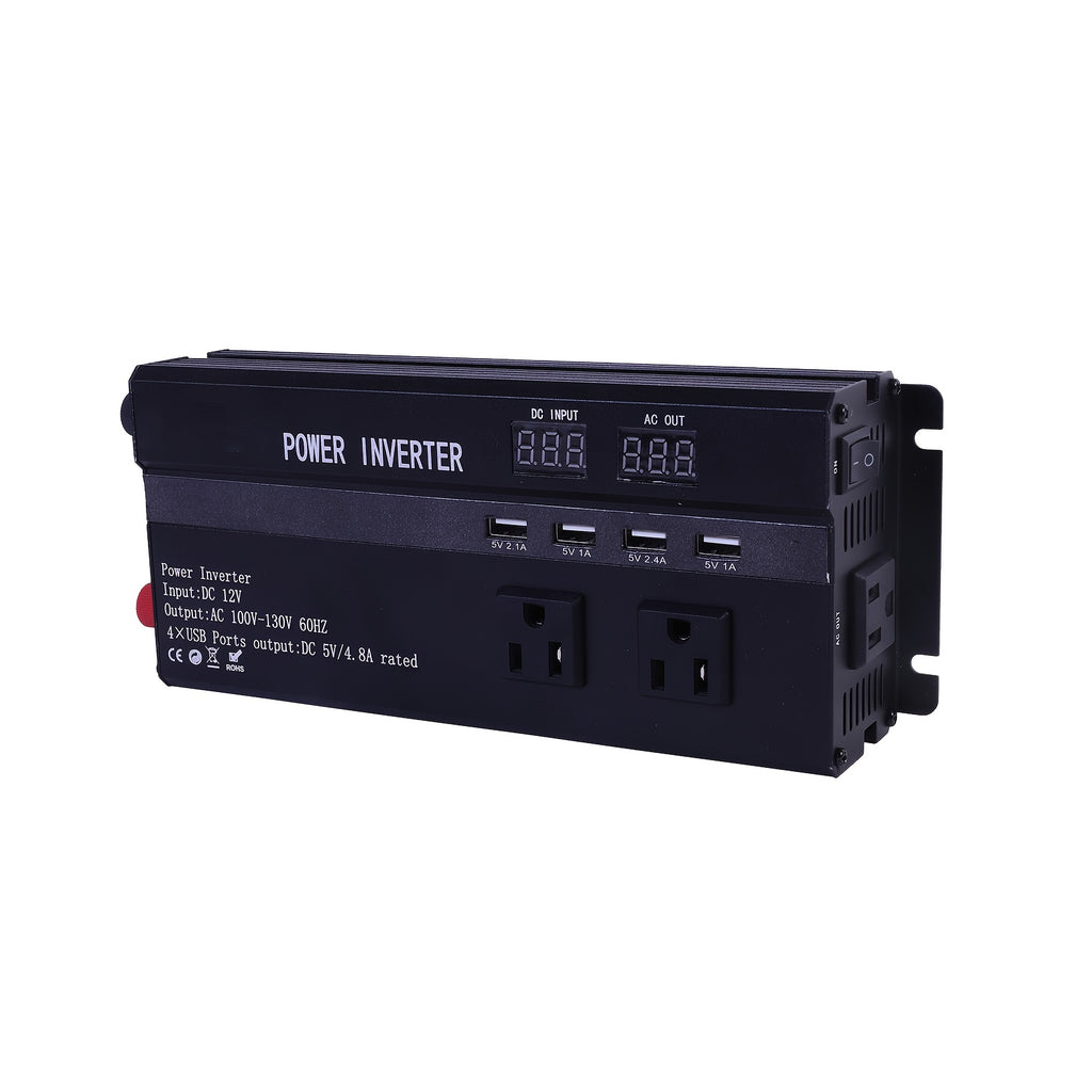 DC 12V to AC 110V Sine Wave Solar Power Inverter with an LCD Display, Capable of 6500W Peak Power. It Features a Universal Socket for Easy And Convenient Connections, Making It Ideal for Emergencies And Suitable for Mobile Phones, Rvs, Electronics