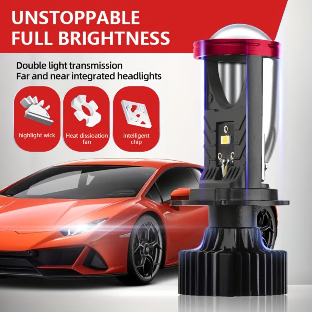 H4 LED Headlight Bulbs 2pcs 60000 Lumens 420W 3570 CSP Chip Projection Lens 6000K White High Low Beam 12-24V Ultra Bright Upgrade for Motor Vehicles Left-Hand Drive