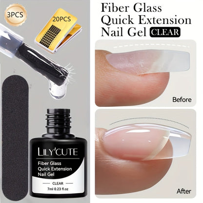 Nail Extension Builder Gel 3pcs - Fiberglass Construction Gel for Broken Nail Repair & Nail Extension, Clear UV LED Soak-Off Fiber Glass Gel Varnish, DIY Salon Nail Kit