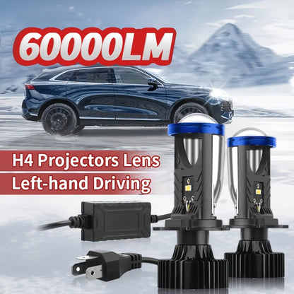 H4 LED Headlight Bulbs 2pcs 60000 Lumens 420W 3570 CSP Chip Projection Lens 6000K White High Low Beam 12-24V Ultra Bright Upgrade for Motor Vehicles Left-Hand Drive