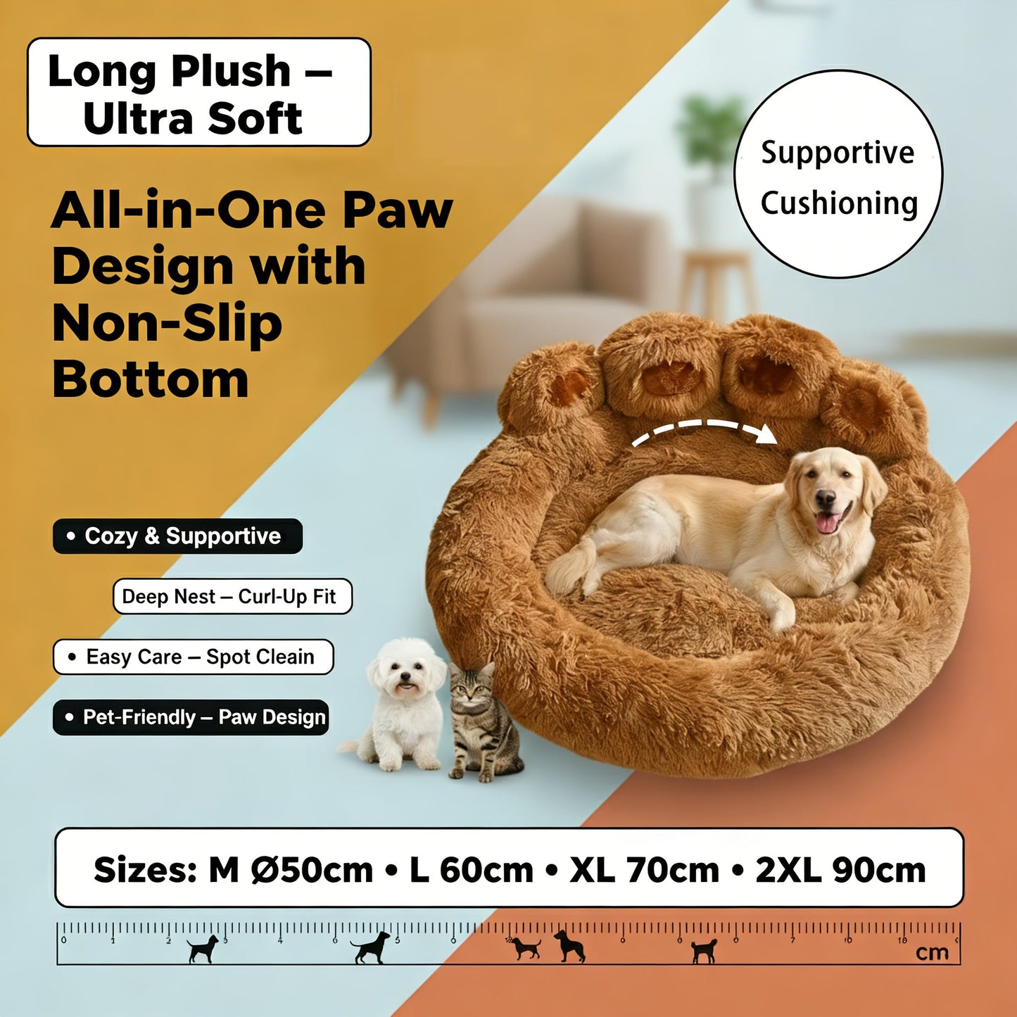 Dog Bed Cat Bed Bear Paw Round Plush Non-Slip – Soft Warm Cuddler Pet Mattress for Puppy, Small, Medium & Large Dogs and Cats, Sizes 20–36 Inch, Colors: Coffee, Pink, Gray