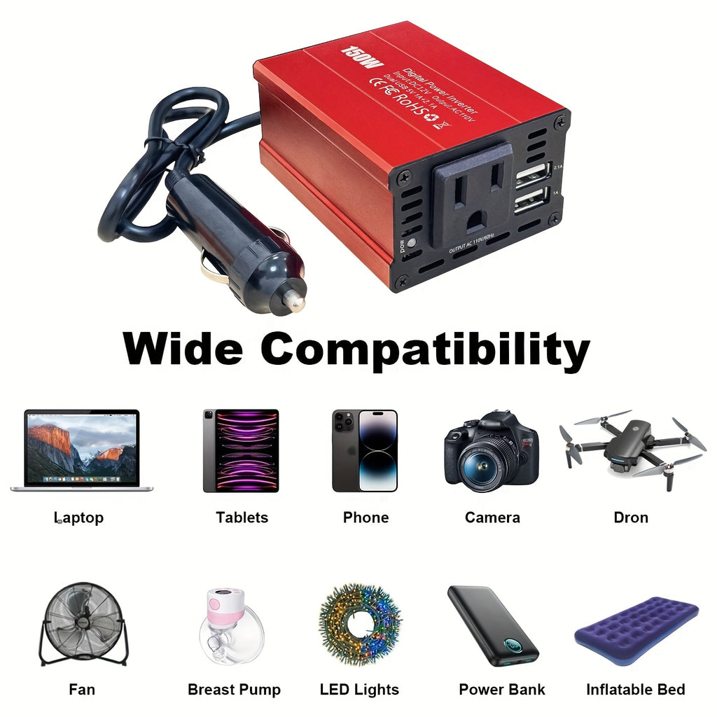 150W Car Power Inverter 12V DC to 110V AC Converter Vehicle Adapter Plug Outlet with 3.1A Dual USB Car Charger for Laptop Computer