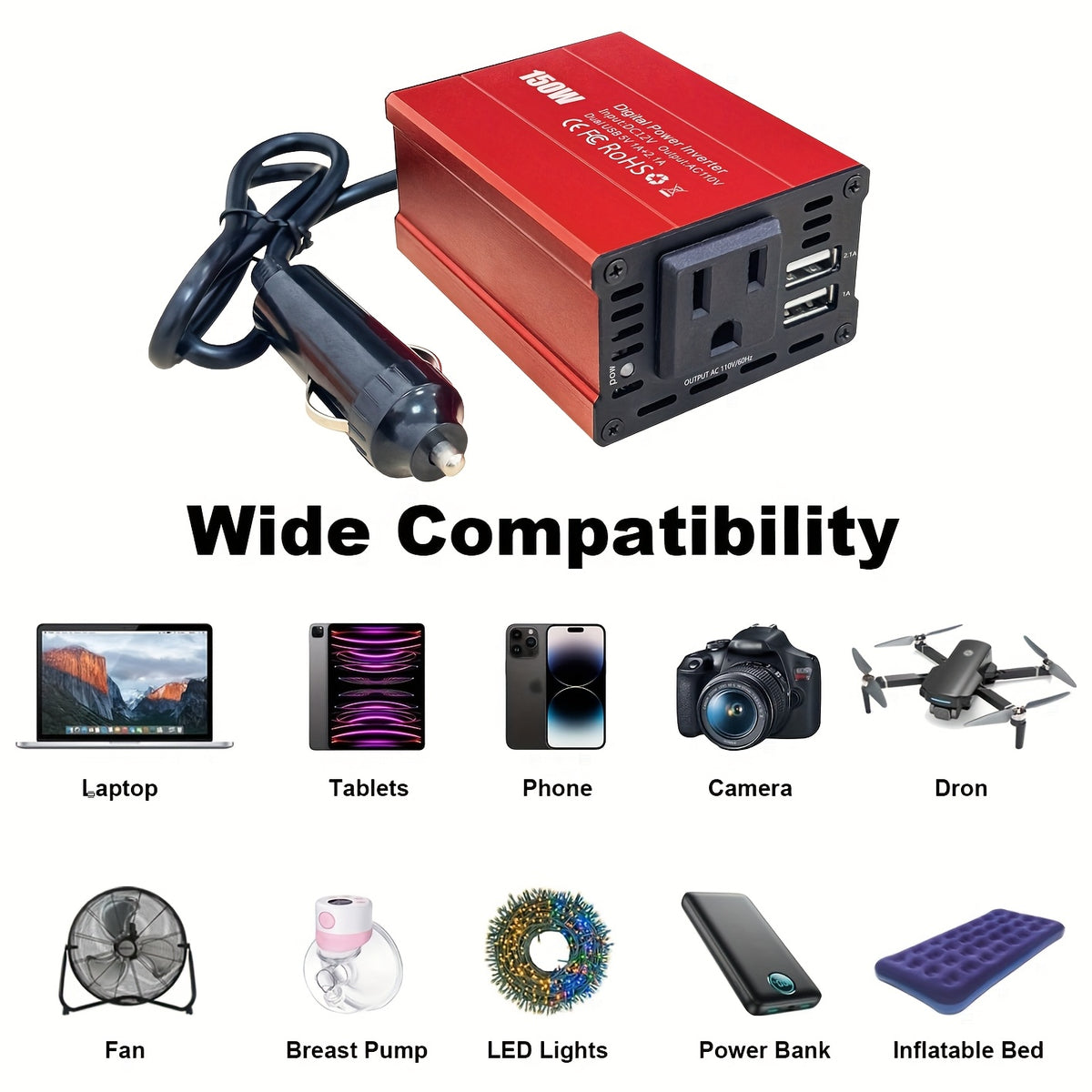 150W Car Power Inverter 12V DC to 110V AC Converter Vehicle Adapter Plug Outlet with 3.1A Dual USB Car Charger for Laptop Computer