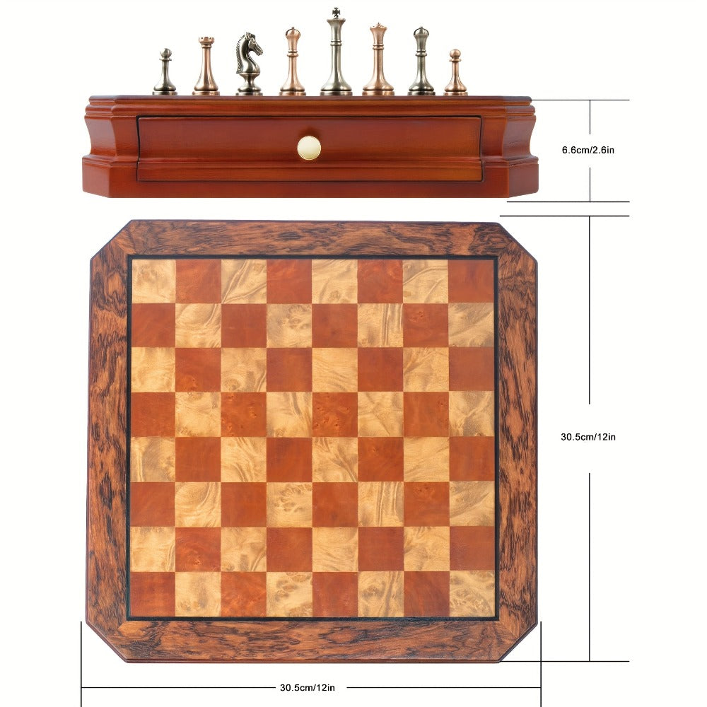 Wooden Chess Set with Metal Pieces & Storage Drawers 12 Inch – 2.5" Kings 2 Extra Queens Vintage Mahogany Board for Adults Beginners, Premium Strategy Game Gift