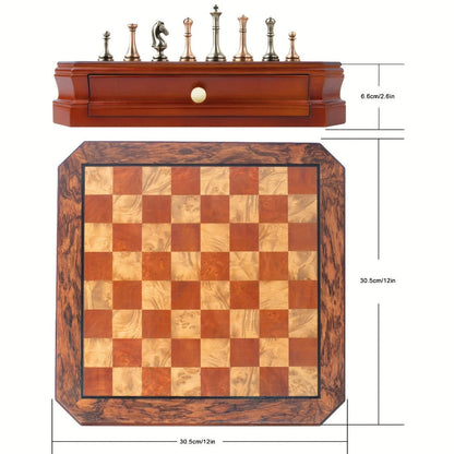 Wooden Chess Set with Metal Pieces & Storage Drawers 12 Inch – 2.5" Kings 2 Extra Queens Vintage Mahogany Board for Adults Beginners, Premium Strategy Game Gift