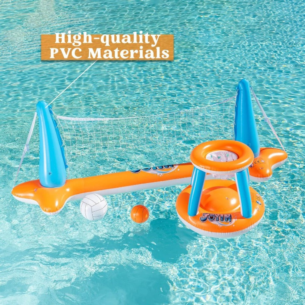 Inflatable Pool Game Set for Kids & Adults – Volleyball Net Court & Basketball Hoops with Balls, Floating Swimming Party Toy for Summer Pool Backyard Outdoor Fun, Large