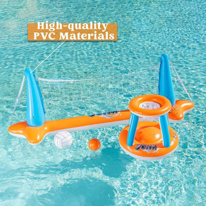 Inflatable Pool Game Set for Kids & Adults – Volleyball Net Court & Basketball Hoops with Balls, Floating Swimming Party Toy for Summer Pool Backyard Outdoor Fun, Large