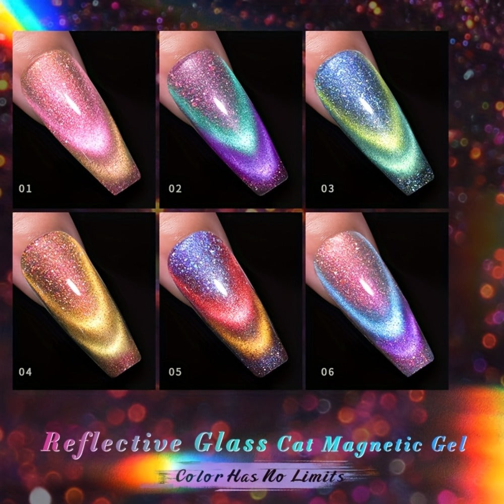 Cat Eye Gel Polish Set 6pcs BORN PRETTY Double Light Reflective Magnetic - Sparkling Rainbow Glass Cat Eye Effect Soak Off UV LED Gel 10ml Each Long Lasting Salon & Home DIY Manicure Kit for Women