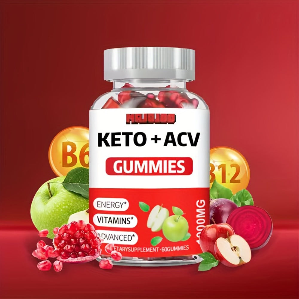 Apple Cider Vinegar Gummies with Pomegranate, Beet Juice & B12 — Vegan Keto ACV Gummies for Weight Management, Gut Health & Natural Energy | Vitamins B & C, Gluten-Free Supplement for Men & Women | 60 Gummies | 1, 2 or 3 Pack