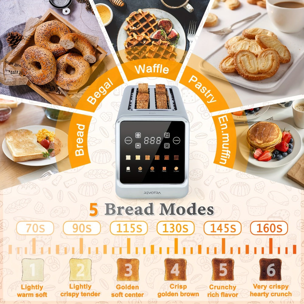 4-Slice Toaster Long Slot Stainless Steel – Touch Screen LED Display, 1.5" Wide Slots, Countdown Timer, Memory Function, Dual Control, 6 Shade Settings