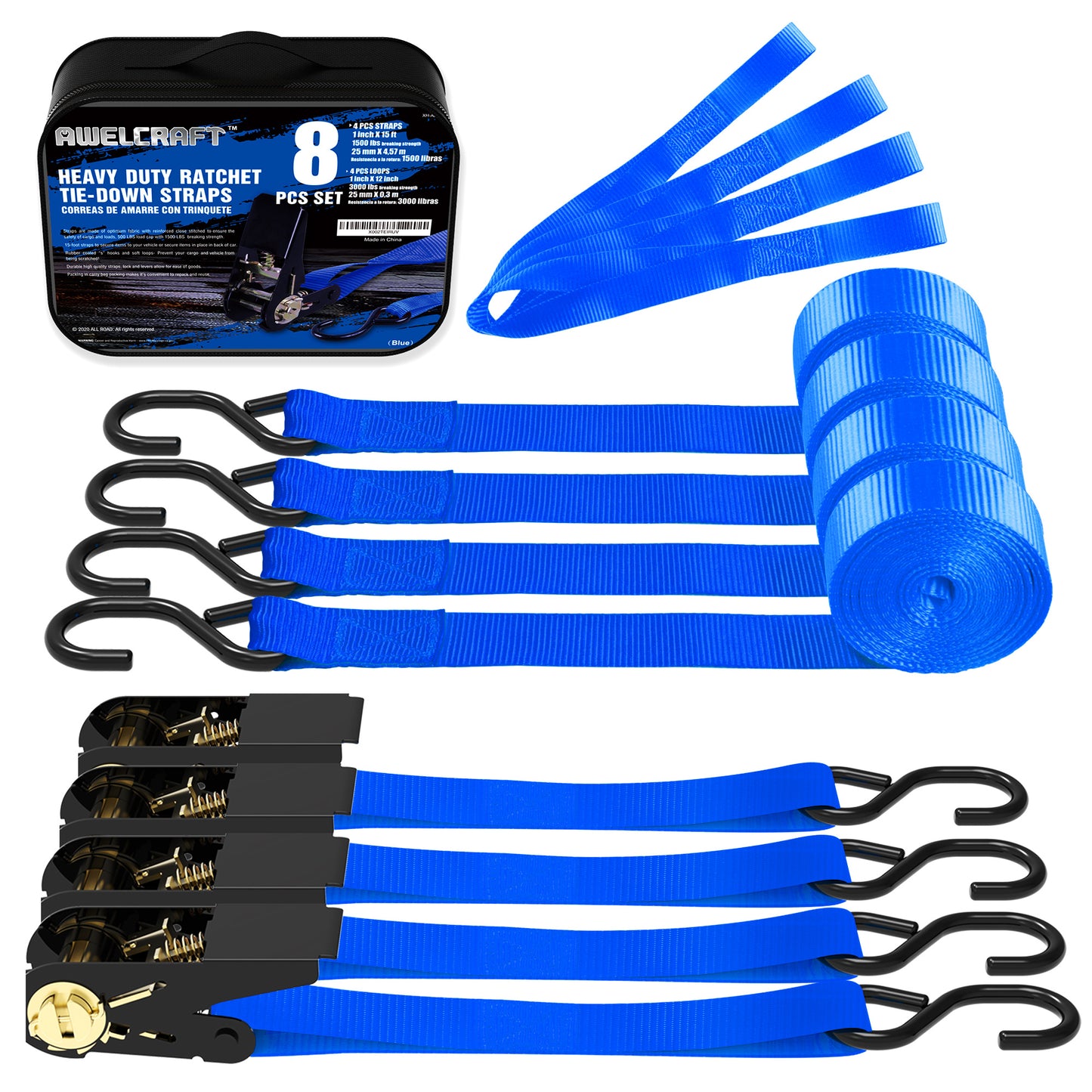 4-Pack Ratchet Tie Down Straps with 4 Soft Loops – 15FT, 1500 lbs Breaking Strength, Heavy Duty for Moving, Motorcycle, Lawn Gear, Multi-Color (Orange, Blue, Camo, Green, Red, Yellow)