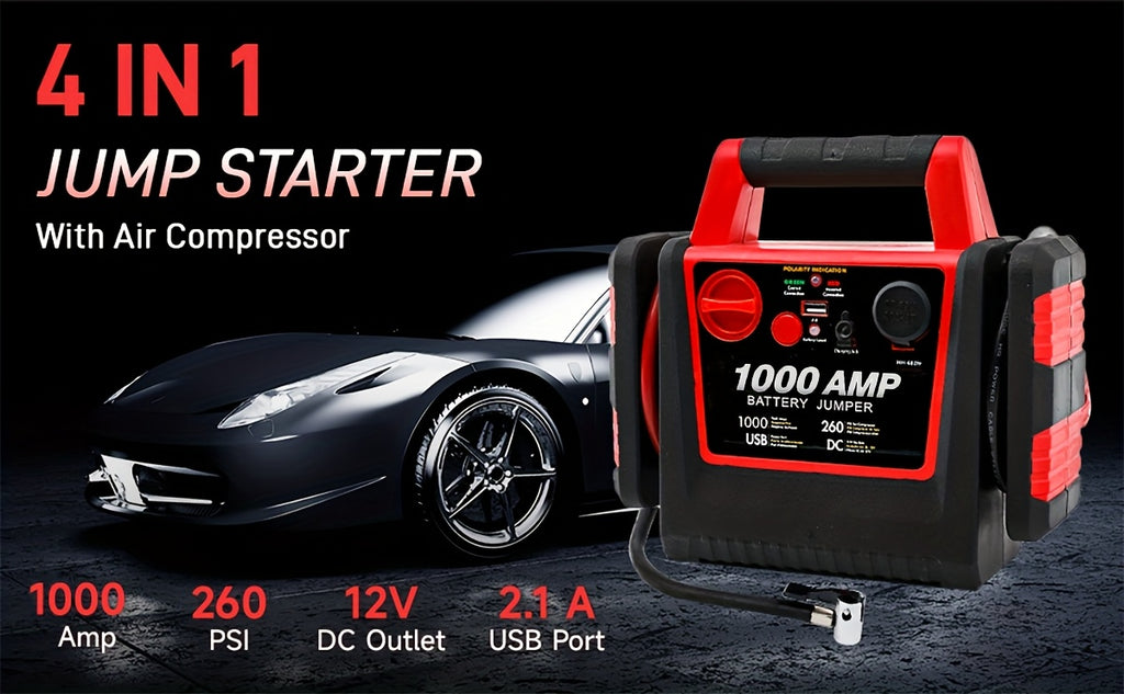 Car Jump Starter, Portable Air Compressor, 12000 Mah Portable Power Station, 12V DC Ports USB Port, 260PSI Tire Inflator, Emergency LED Light, Includes Jumper Cables