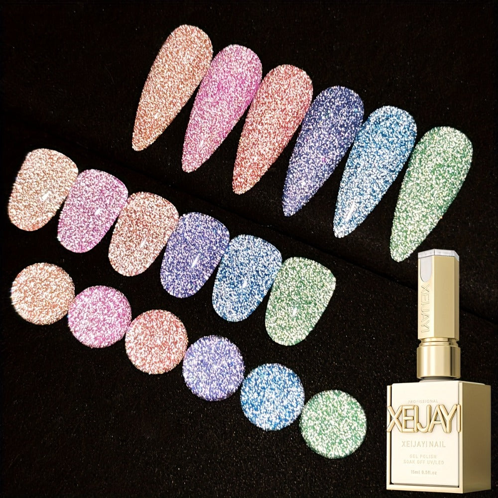 Glitter Gel Nail Polish Set 6pcs Crushed Starlight Sparkling Rhinestone Soak-Off UV LED 0.51oz Each – Photo Frame & Candy Styles Seasonal Nail Art Kit for Women, Salon & Home Manicure, Gift for Her