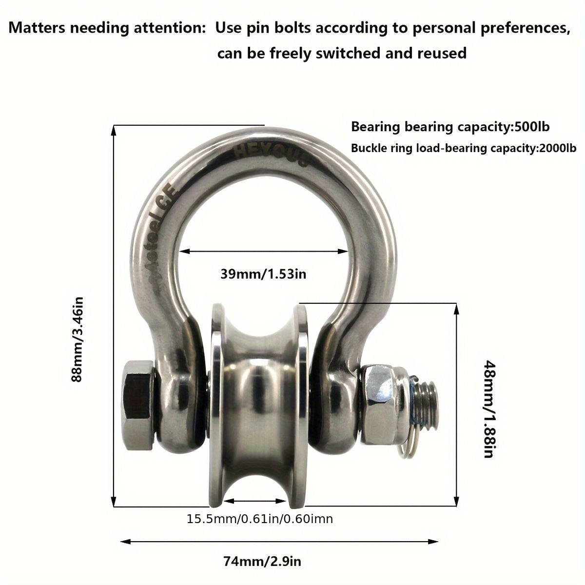 Stainless steel large bow type lifting shackle, with a load-bearing capacity of 2000bl, can be used for tying, traction, suspension, or lifting applications.