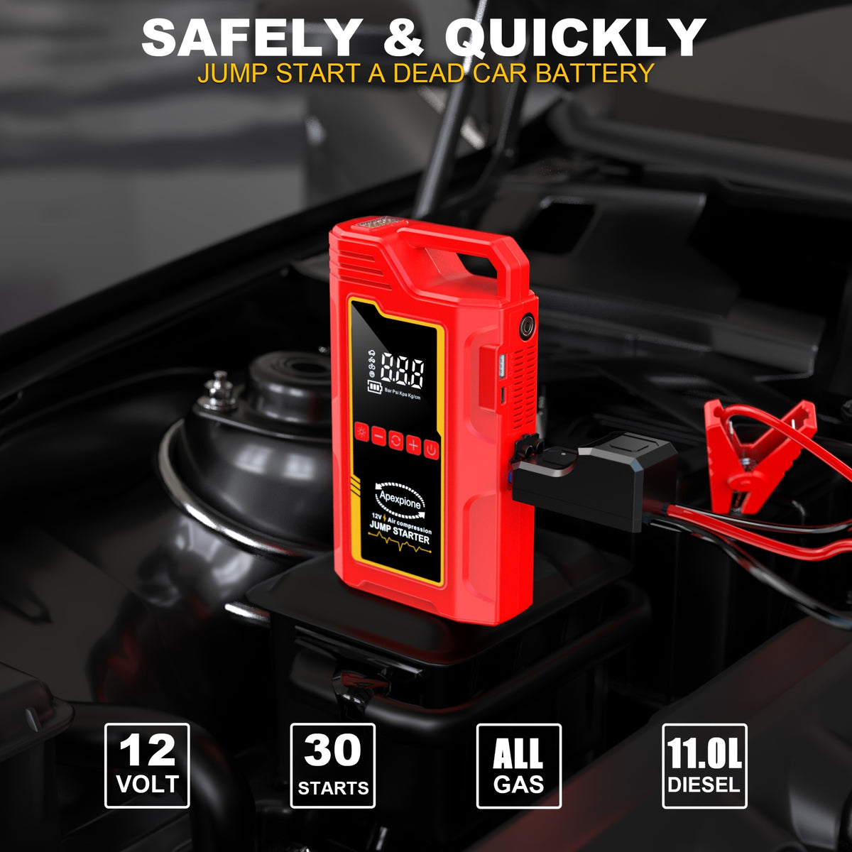 10000A-18000A High-current Car Starter with Air Compressor, 366PSI Inflator, for 12V (ALL Gas/ALL Diesel). Smart Cables, Protections, Fast USB, LED Light, Storage Bag. Hurricane Emergency Lighting, Auto Tool.Nice Gift