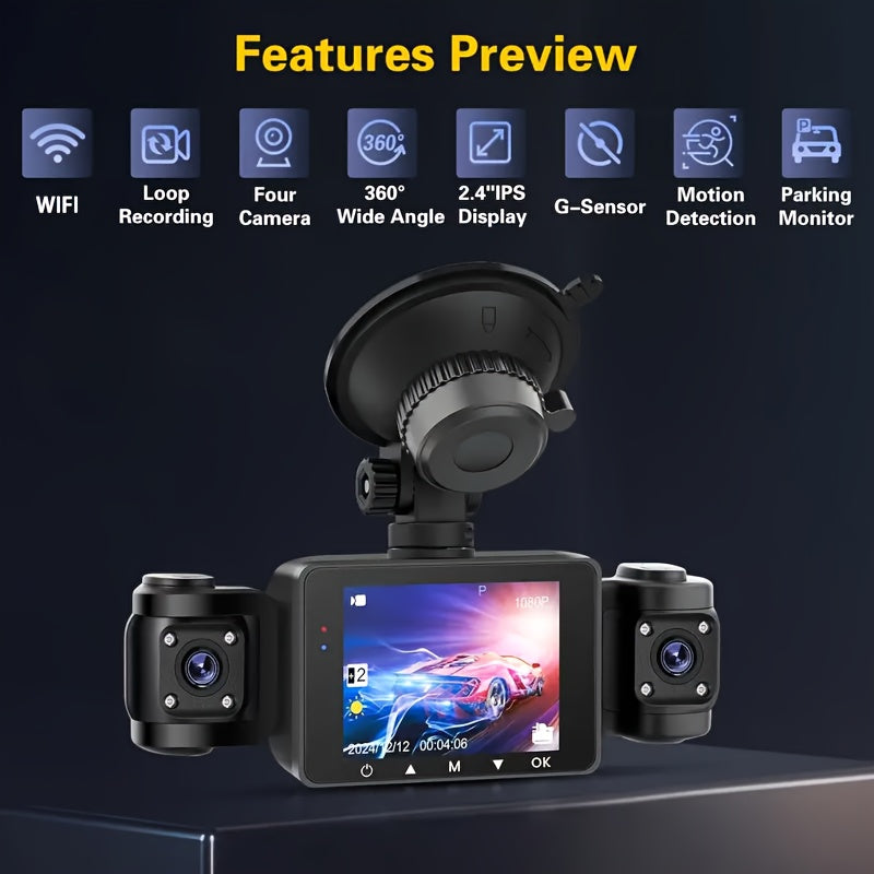 360° 3/4-Lens WIFI FHD 1080P Dash Cam for Cars, 1080P Front And 720P Left/Right/Rear Camera, Wide-Angle, Adjustable Lens, Audio, Loop Recording, G-Sensor, Enhanced Night Vision And Motion Detection - Free 64GB Memory Card for Extended Recording