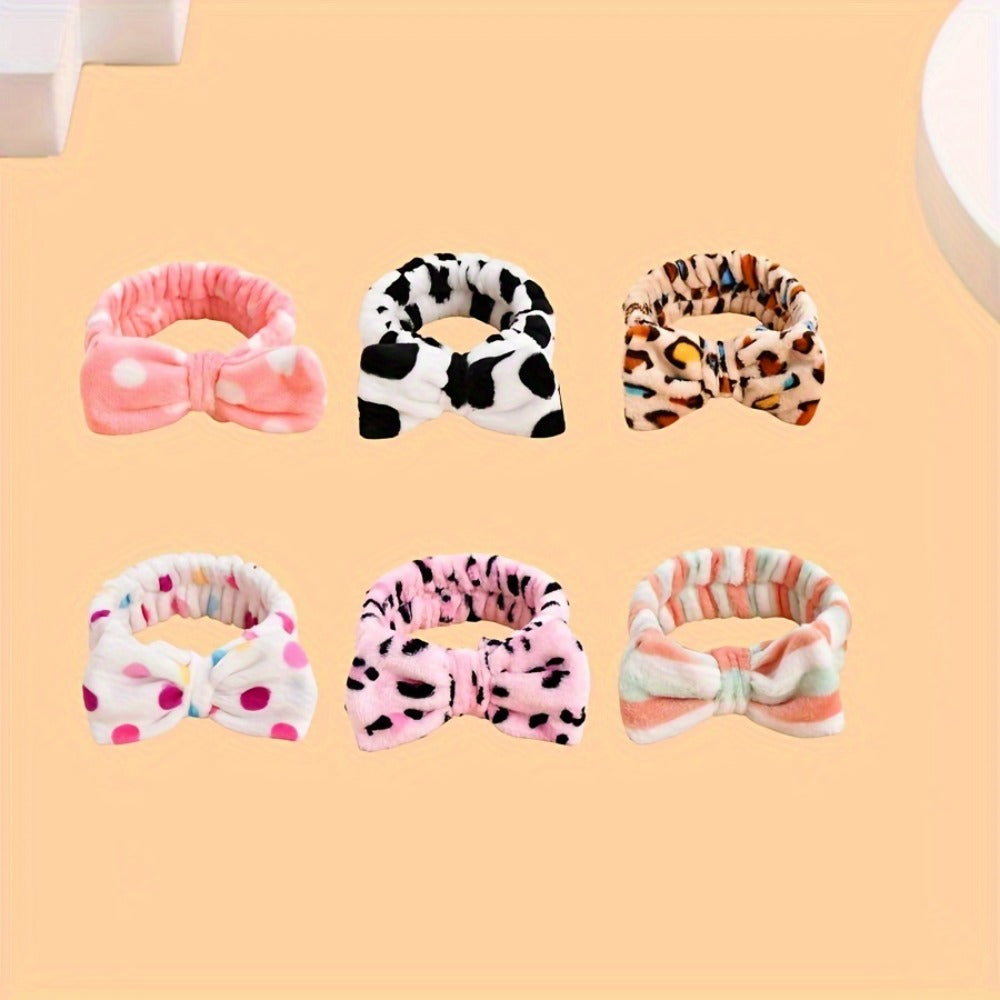 Bow Skincare Headbands for Women 6 Pack Patterned Soft Fabric Elastic Hair Bands for Makeup Spa Shower Face Washing Skincare Routine Beauty Accessory Gift Set for All Hair Types Teens Girls