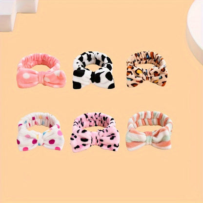 Bow Skincare Headbands for Women 6 Pack Patterned Soft Fabric Elastic Hair Bands for Makeup Spa Shower Face Washing Skincare Routine Beauty Accessory Gift Set for All Hair Types Teens Girls
