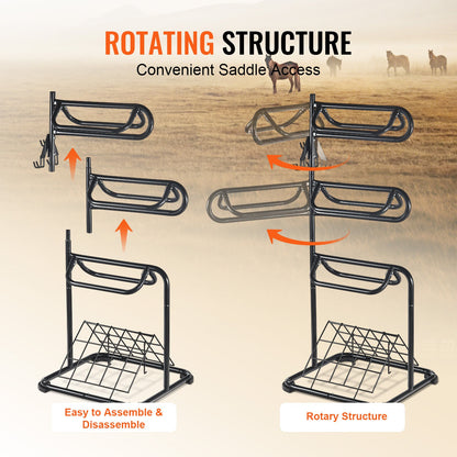 Saddle Rack Freestanding 3-Tier – VEVOR Rotating Heavy-Duty Carbon Steel Saddle Stand for English & Western Saddles | Multi-Layer Tack Storage, Rust-Resistant, Easy Assembly, Black