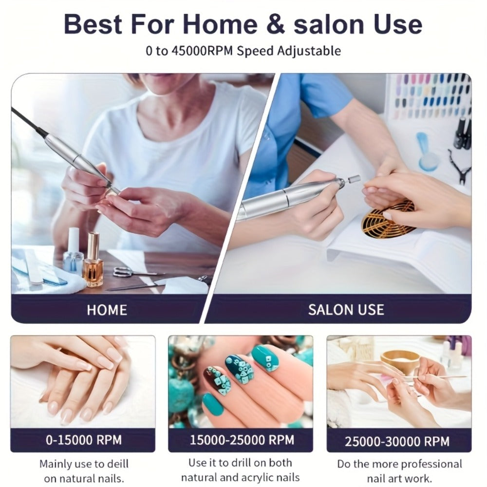 Nail Drill 45000 RPM Rechargeable Professional Electric Nail File Kit with Drill Bits Sanding Bands Low Noise Portable Manicure Pedicure Polishing Set for Salon Home Women Nail Techs